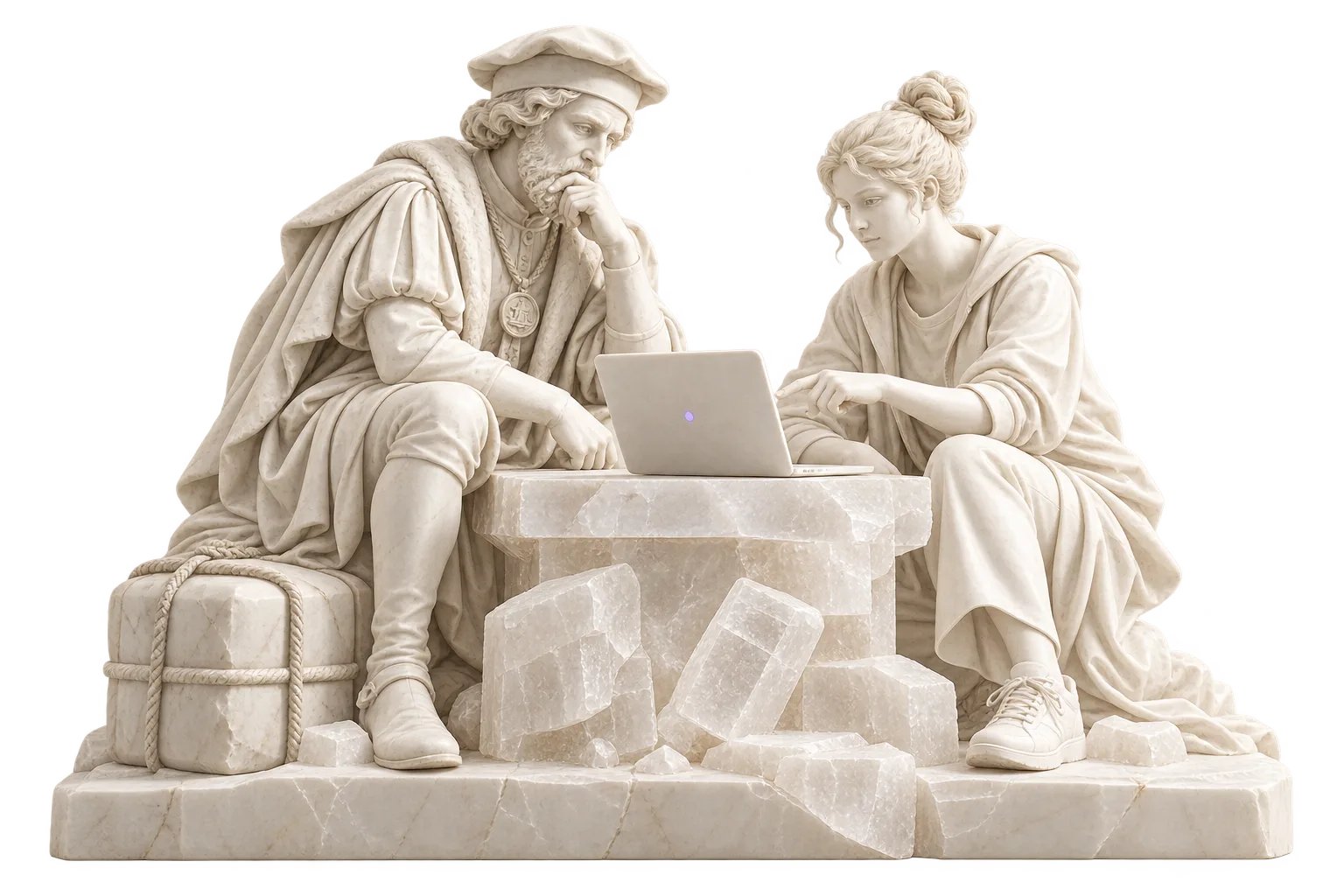 Zwei Marmorskulpturen entwickeln gemeinsam eine Idee am Laptop